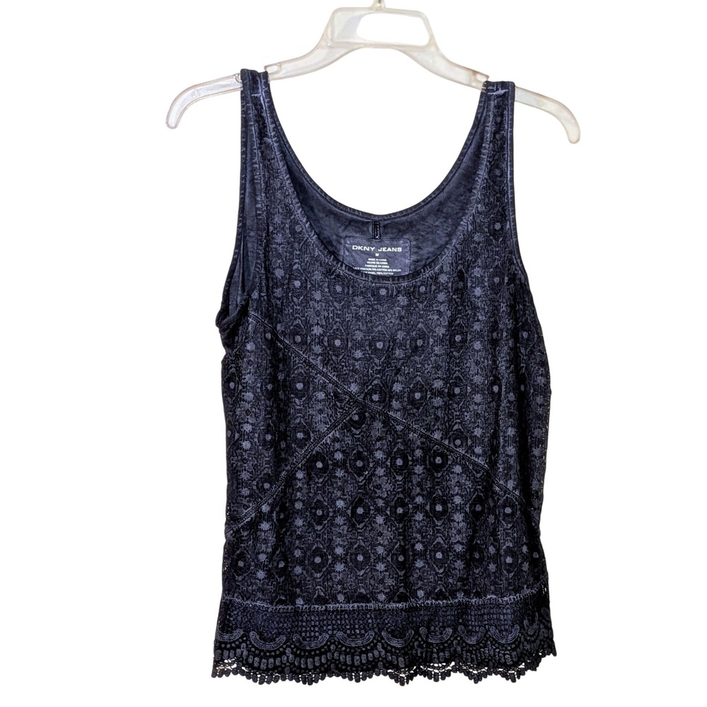 DKNY Jeans Womens Medium Tank Top Navy Lace Trim Casual Modern Essentials NWT